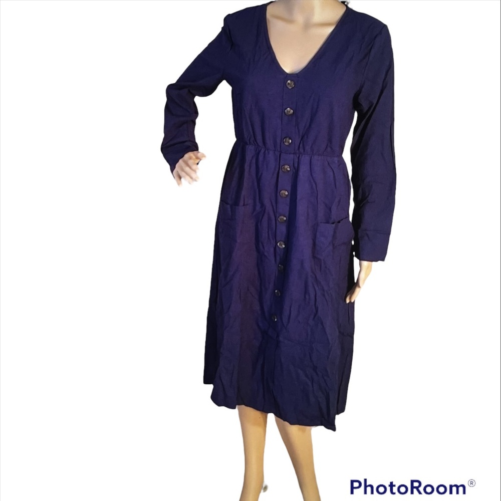 NIB Long Sleeve Blue Button Dress with Pockets